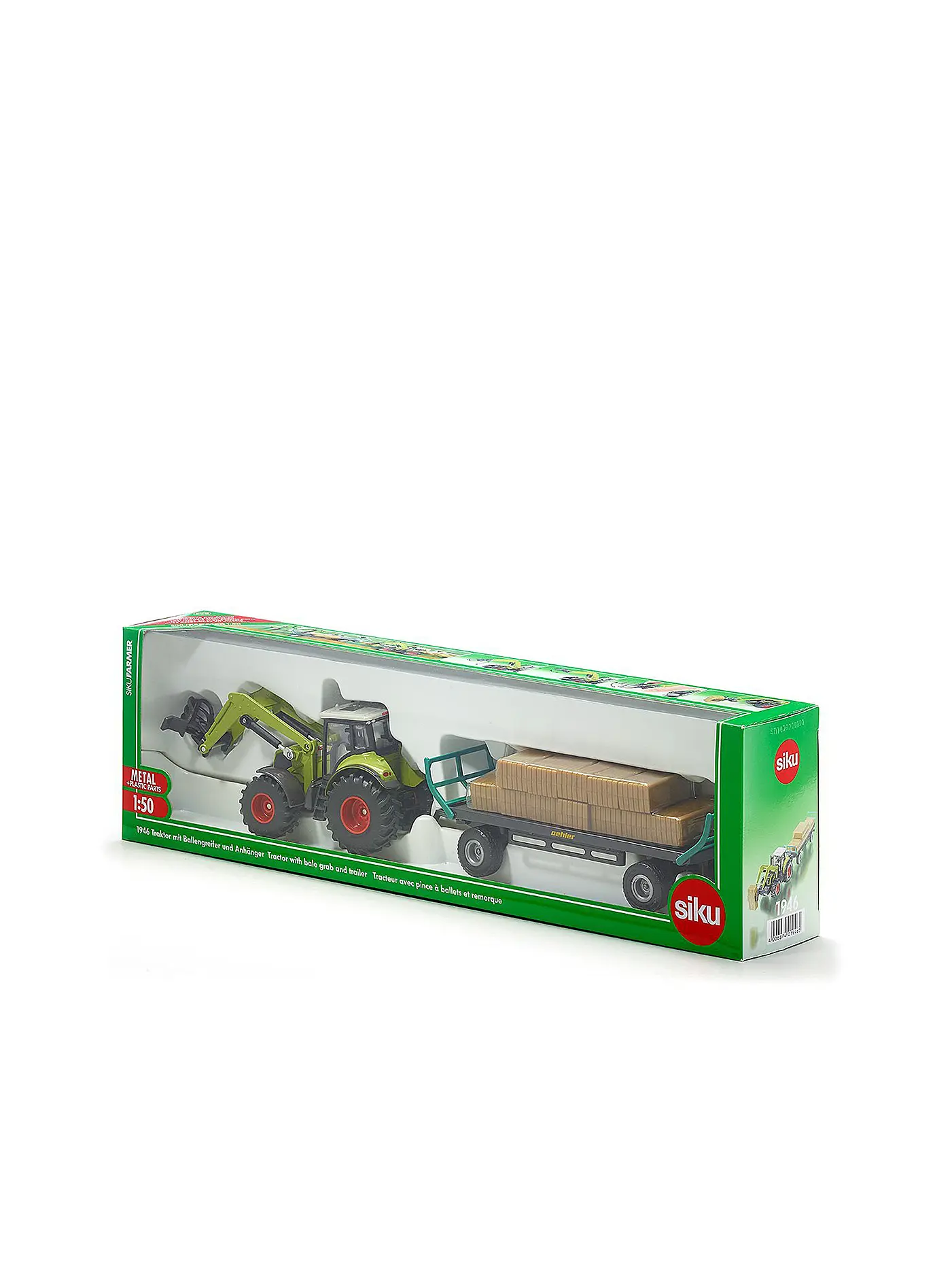 SIKU | Claas Traktor mit Ballengreifer und Anhänger | 